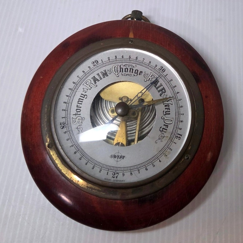 Vintage Swift West Germany Aneroid Weather Barometer Wood Brass Wall Hanging